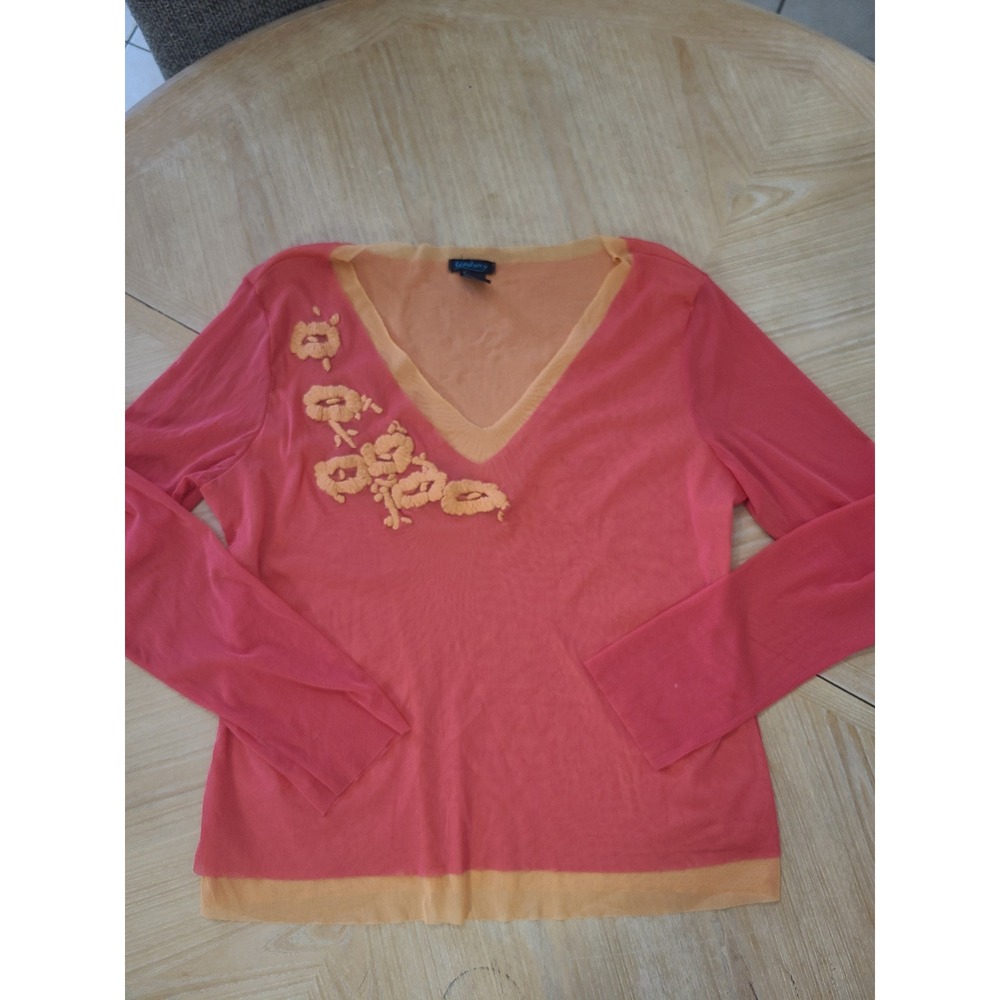 Lindsay Mesh Top Women XL Pink Orange Excellent Floral Embroidered Long Sleeve